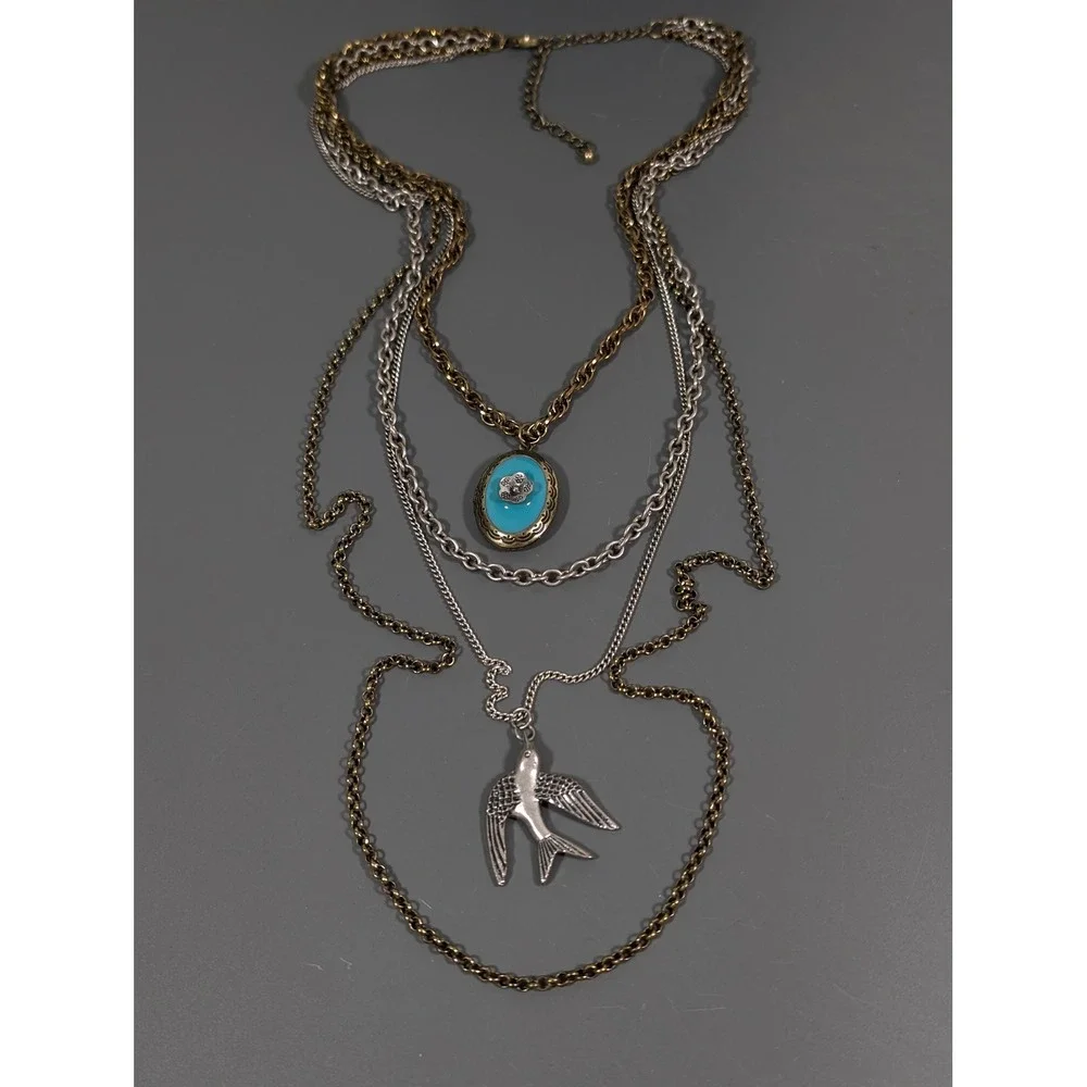 Two Tone‎ Layered Necklace Bird Charm Blue Enamel Locket Distressed 22in